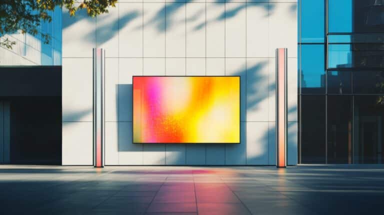 a modern, sleek facade of a building with a large, flat-screen television placed directly on the ground, its screen displaying a vibrant, high-contrast image, surrounded by two thin, tall, vertically-