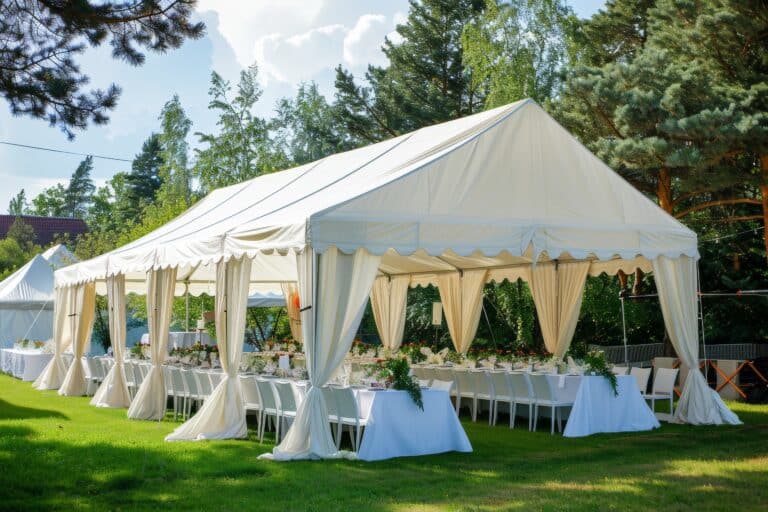 White folding tents at outdoor wedding reception for banquet