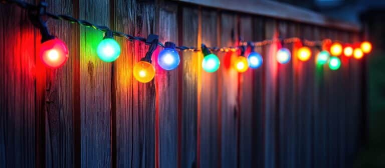 Colorful festoon lights elegantly draping along a rustic wooden fence perfect for outdoor parties and celebrations
