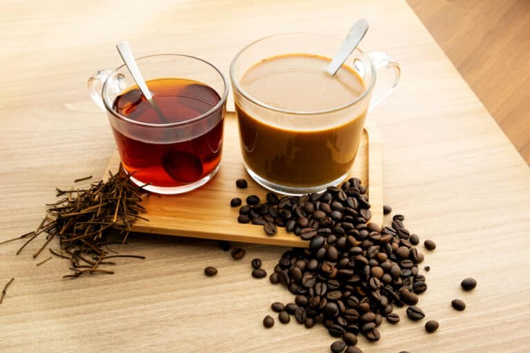 Hot tea and coffee With tea leaves and coffee beans