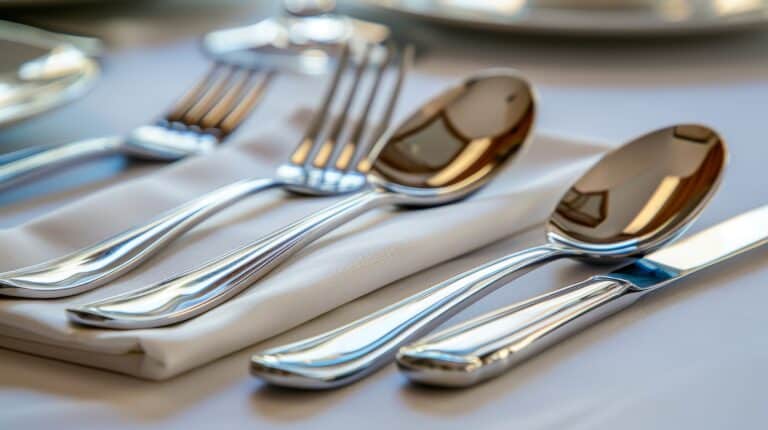 Elegant Silverware Set At Formal Served Table., Close Up Cutlery With Shiny Forks, Spoon And Knife